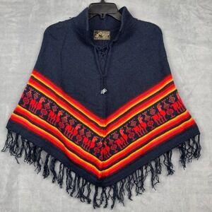 Dannita 100% Alpaca Poncho Navy‎ Red Yellow Geometric Fringe Made Peru Women